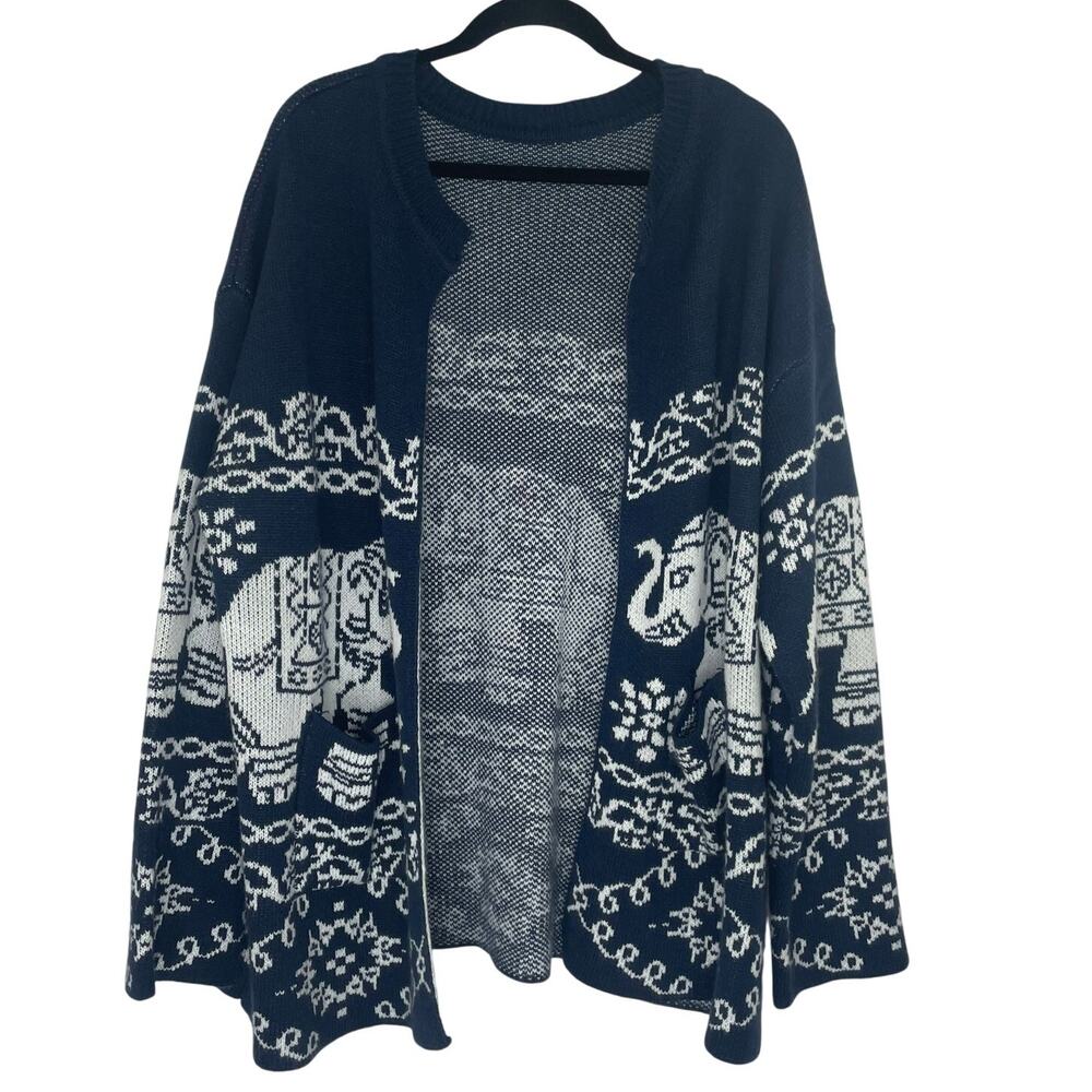 Emery Rose Blue Long Open Cardigan Elephant Print Bohemian size Large